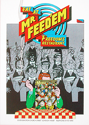 George Hardie's comic-book-inspired poster design for Mr Freedom's Mr Feed'em restaurant