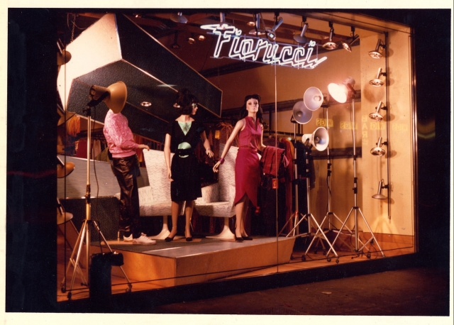 The window of Fiorucci's New York store, designed by Kit Grover circa 1978, reflects the era's high-tech trend. Photograph courtesy of Kit Grover